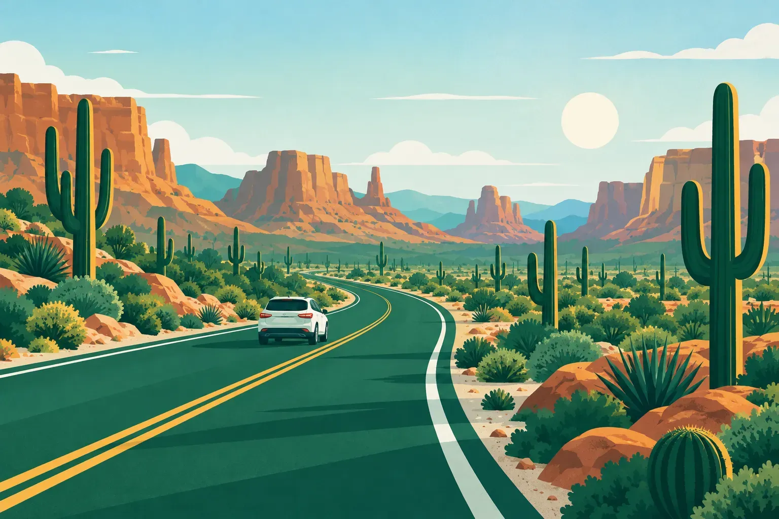A desert highway among saguaro cacti and red rock buttes, a typical landscape of Arizona
