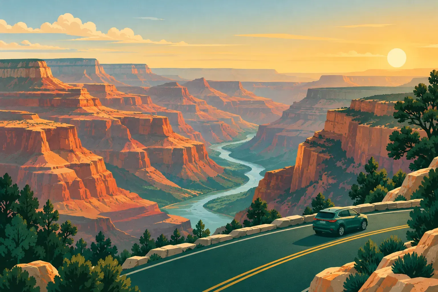 The Grand Canyon at golden hour, layered red rock walls and the river far below, in Arizona
